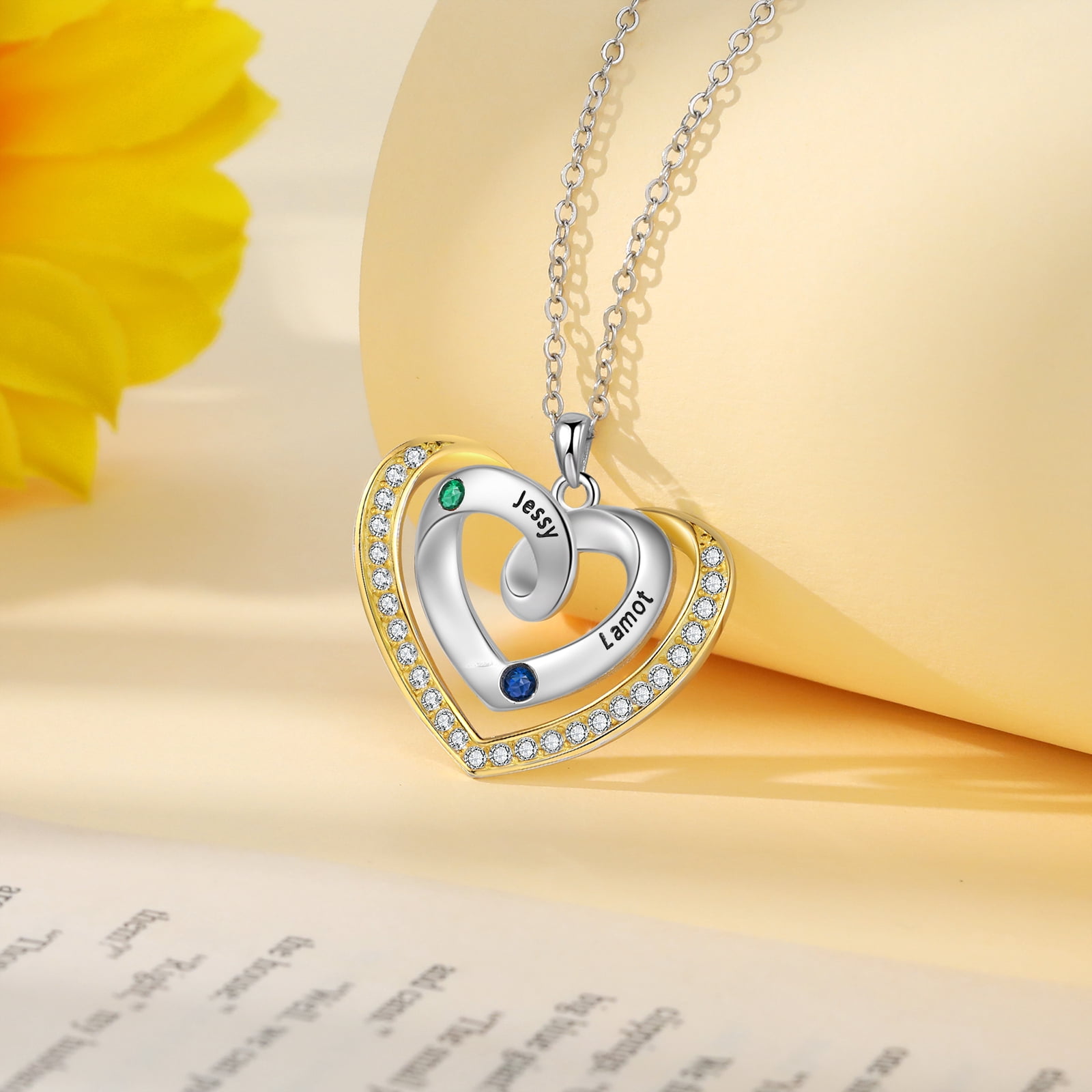 Mementos Personalized Rhodium Plated Brass Family Necklace for Women(Mom) with 2 Birthstones Names