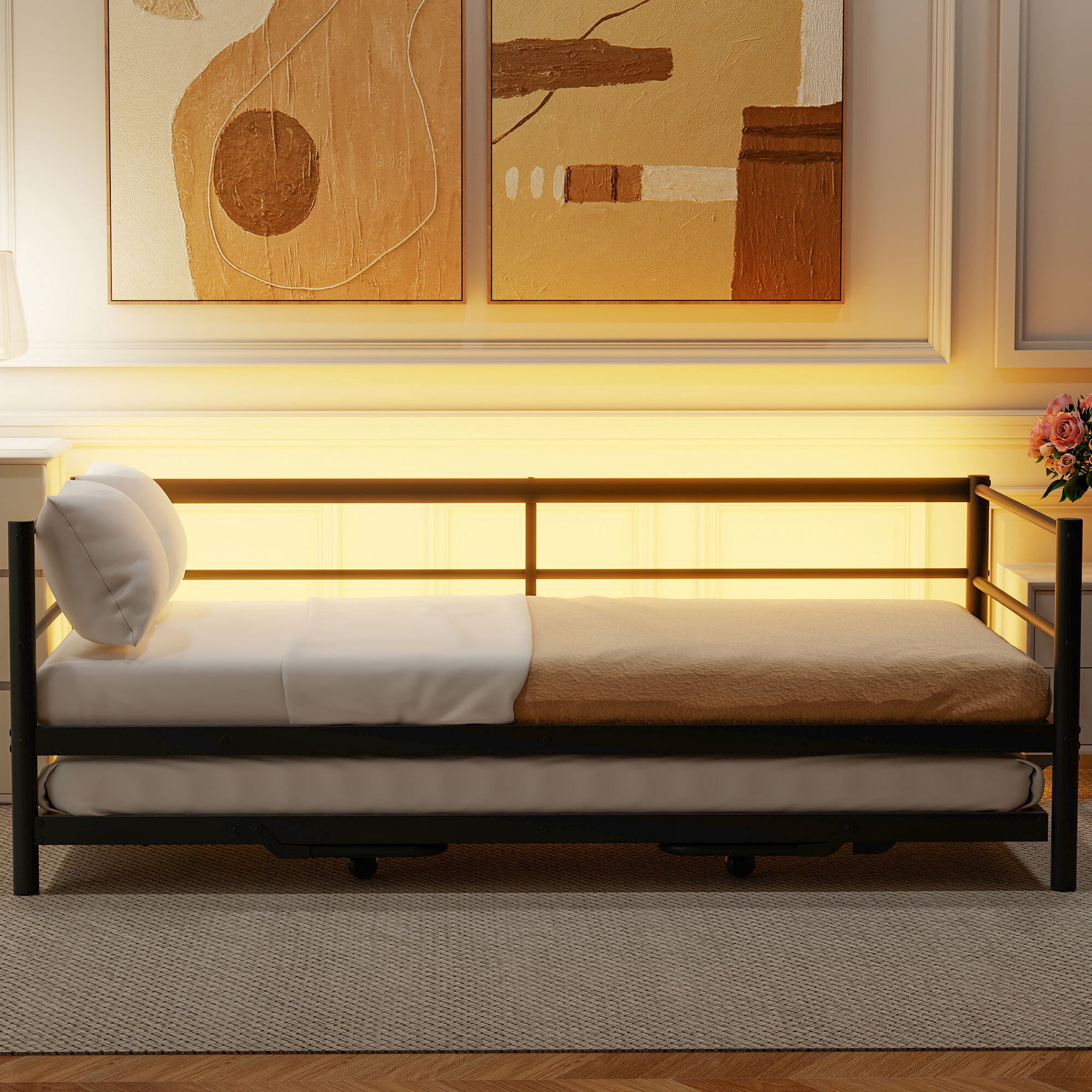 EUROCO Twin Metal Daybed with Pop-up Trundle and LED Light for Child, Solid Metal, No Box Spring Needed, Black