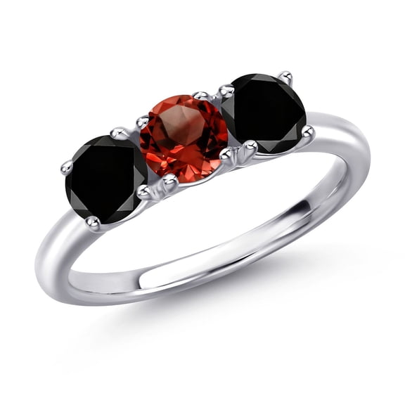 Gem Stone King 925 Sterling Silver Red Garnet and Black Diamond Engagement Ring for Women | 1.65 Cttw | Round 5MM | Gemstone January Birthstone | Size 9