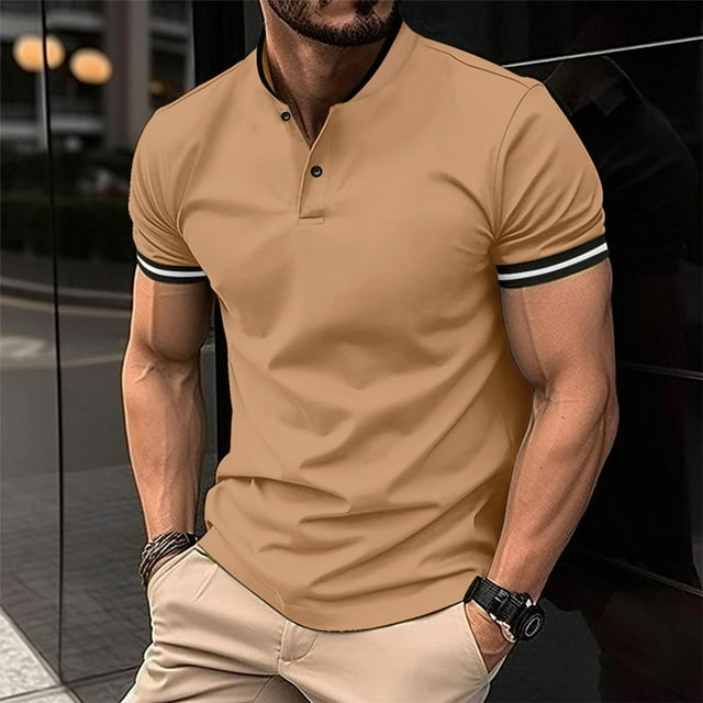 pstuiky camisetas de hombre, Blusa informal de manga corta con cuello alto y diseño de empalme de color liso para hombre ropa de hombre s
