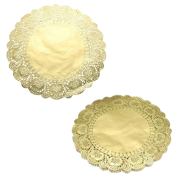 Uxcell 50pcs Lace Paper Doilies 12 Inch Gold Round Disposable Decorative Paper Placemats Hollow Flower Absorbing Papers for Cakes Desserts Food Decoration Wedding Birthday