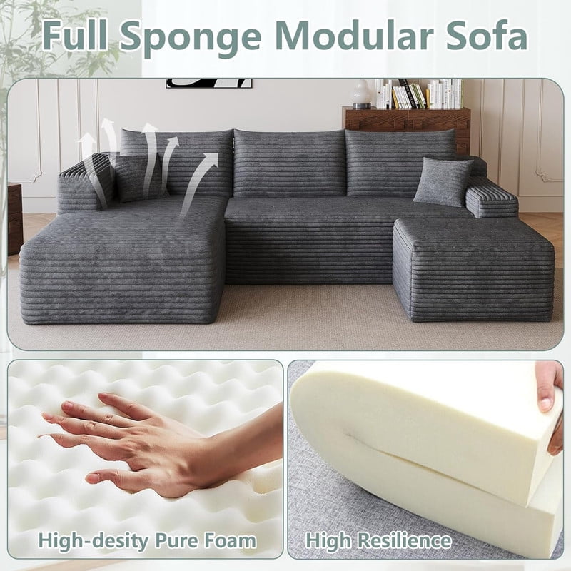 94'' Comfy U-Shaped Sectional Modern Corduroy Couch with Chaise ‌and Ottoman‌, Upholstered Modular Cloud Sofa for Living Room, Left Facing Chaise