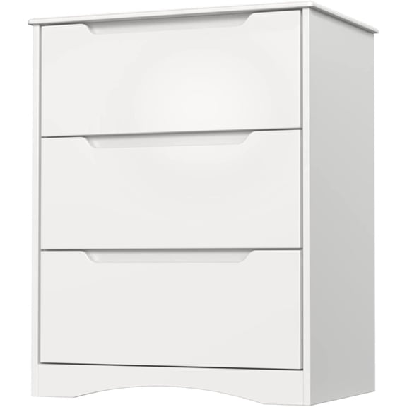 Lofka 3 Drawer Dresser for Bedroom, Chest of Drawers with Large Storage Capacity, Cutout Handles, Deep Drawers, Smooth Metal Rail, White