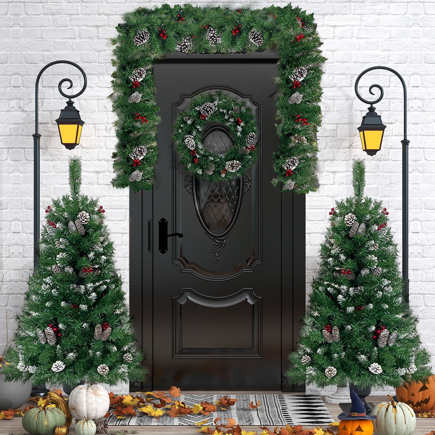 Kadyn 4-Piece Pre-lit Set Christmas Decorations, Christmas Fireplace Decorations, Front Porch Christmas Decorations, Artificial Christmas Garland, Wreath and Set of 2 4ft Christmas Tree, Dark Green