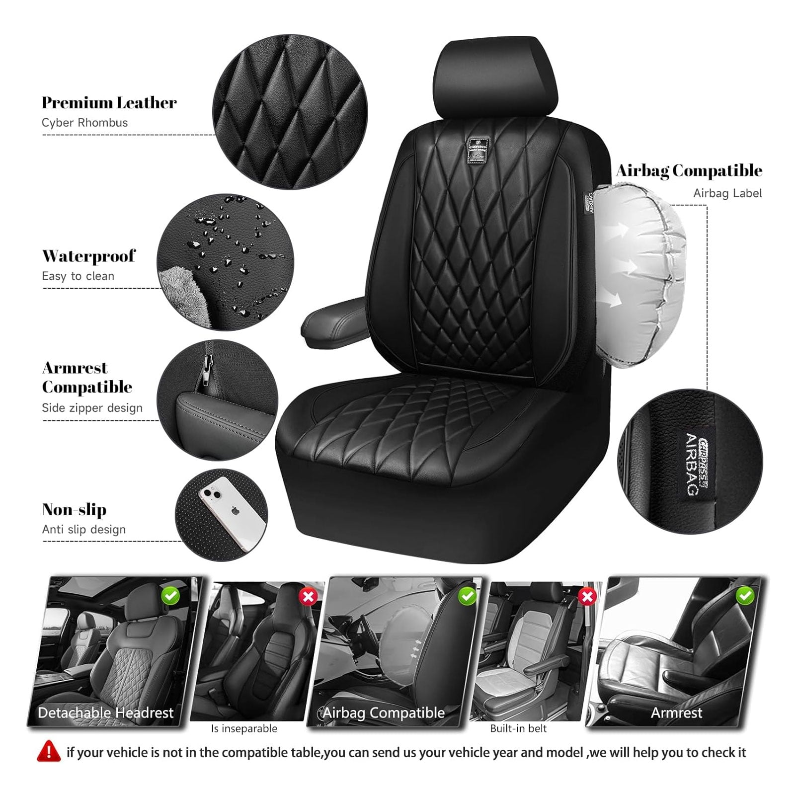 CAR GRAND piping luxury faux PU leathertwo front car seat covers water proof armrest compatible airbag compatible univrsal fit SUV VAN Truck All black