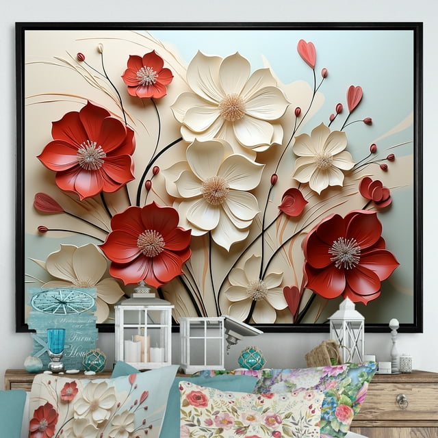 Designart art Mural Encadré avec Fleurs, art Mural Encadré avec Fleurs, Double Étreinte de Fleurs Cramoisies Rouges et Blanches, Très Grand art Mural Encadré Noir, Cadre Noir 20x12 Pouces