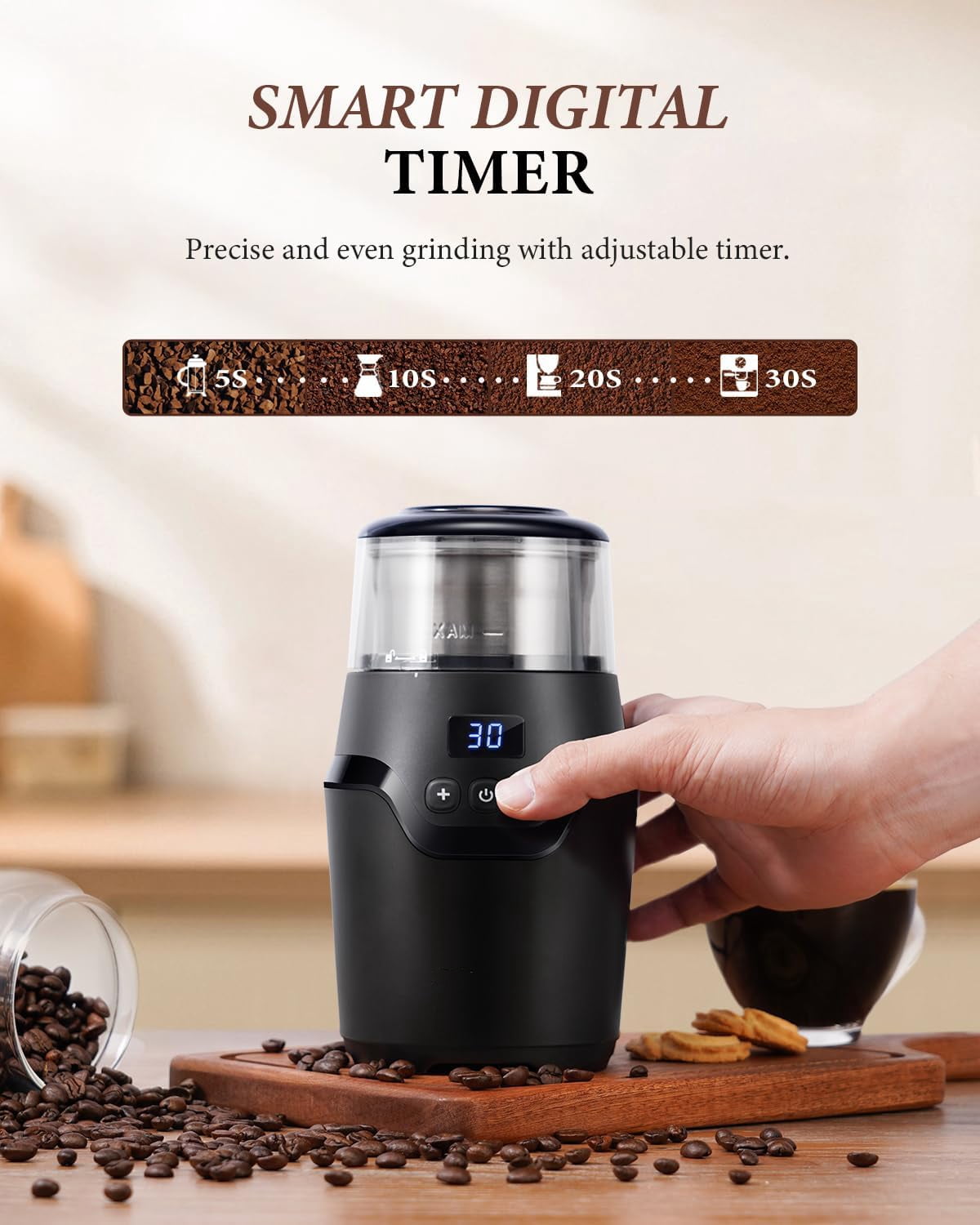 GDOR Adjustable Coffee Grinder Electric,Super Silent Electric Coffee Bean Grinder with Time-Memory Adjustment and Multi-Functional Stainless Steel Cup