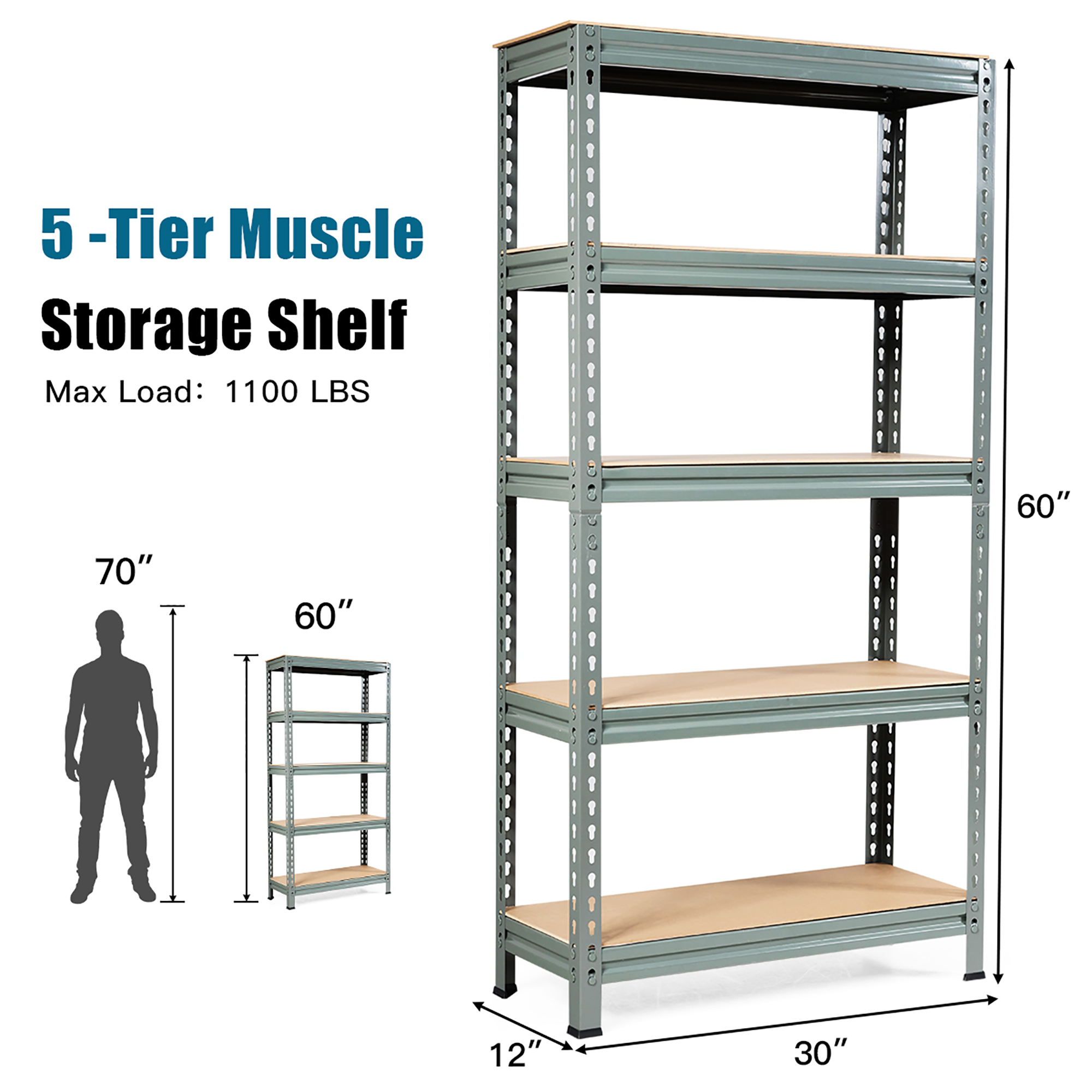 Costway 4PCS 5-Tier Metal Storage Shelves 60''Adjustable Shelves Gray - image 2 of 10