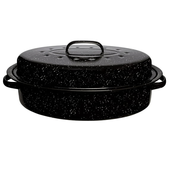 "Millvado Granite Roasting Pan, 12 lb Turkey Roaster with Lid, 16"" Oval Speckled Enamel on Steel Cookware"