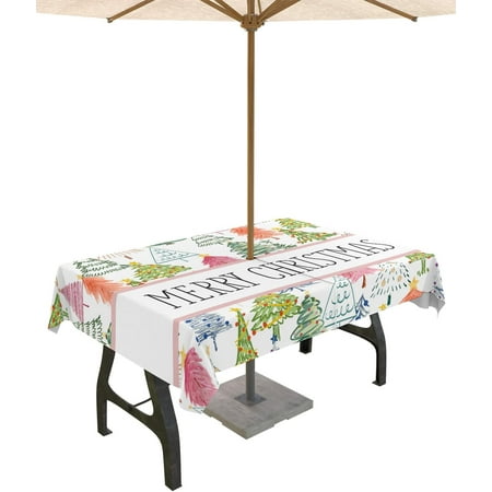 

Merry Christmas Outdoor Tablecloth with Umbrella Hole Waterproof Zippered Table Cloth for Rectangle Tables Pink Xmas Tree Hand Painted Tabletop Collection for Patio Garden Picnic 60 x 102 inch