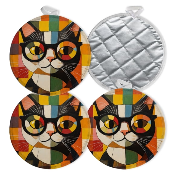 4 PCS Pot Holders for Kitchen,Potholders Sets with Hook for Oven,Cooking,Baking,Geometric Cat With Stylish Round Glasses