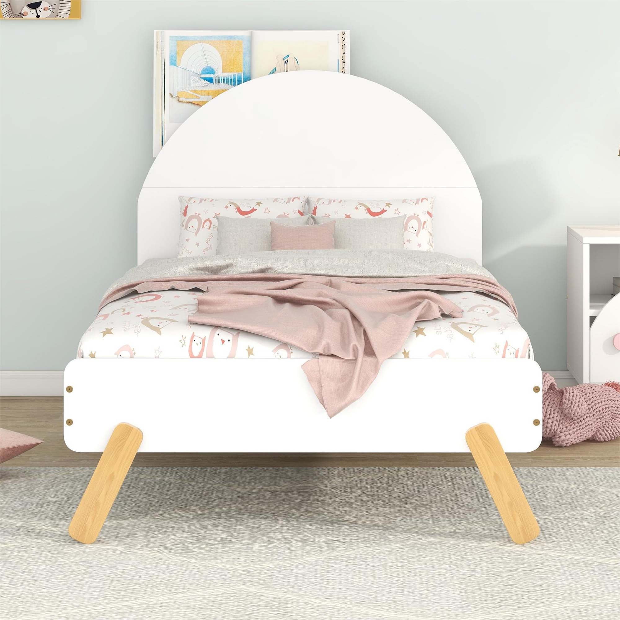 Aukfa Platform Bed for Kids, Twin Bed Frame with Semi-circular Headboard, Wooden - White