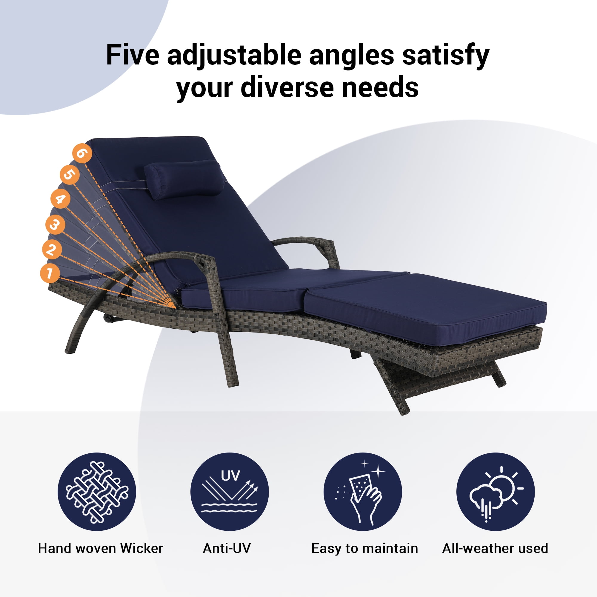 Leumius Outdoor Chaise Lounge Chair Set of 2,Wicker Reclining Lounge Chair with Cushions and Backrest Adjustable to 150° for Outside Pool Patio,Dark Blue