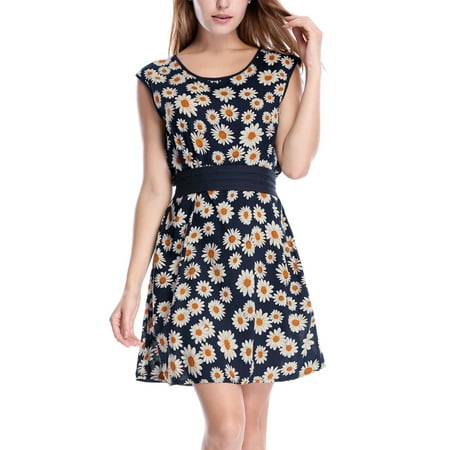 Dotted Chiffon Mini Dress Women's Round Neck Sleeveless Dots Prints Chiffon A Line Mini Dress Navy Blue XL (US 18) ()
