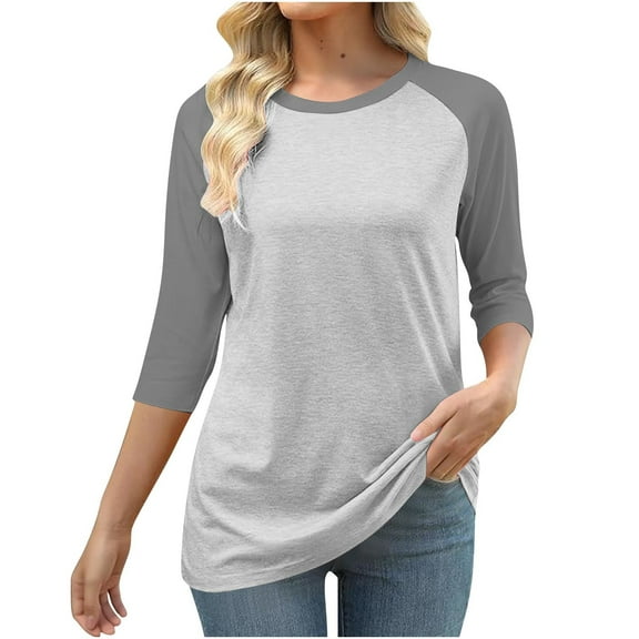 Qulqfy Womens Tops Trendy Raglan 3/4 Length Sleeve Spring Plus Size Shirts Crew Neck Tunic Fall Color Block Tops Womens Blouses L