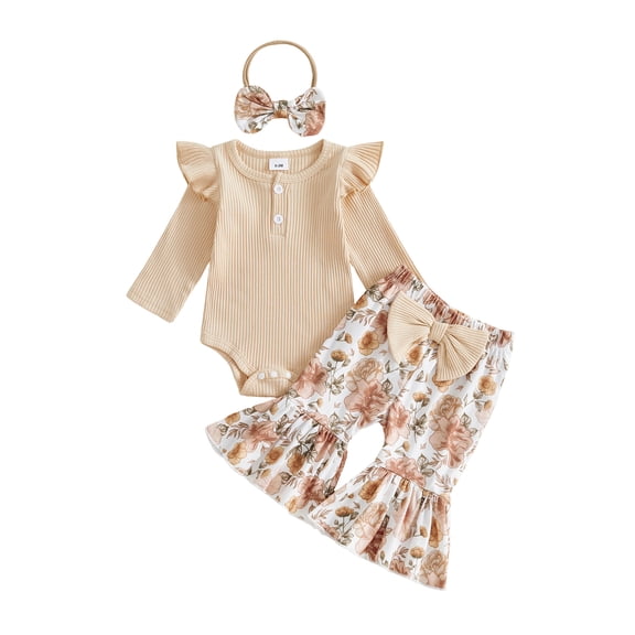 RUINIXCW Baby Girls Fall Outfit Long Sleeve Romper Camo/Floral Flared Pants Headband