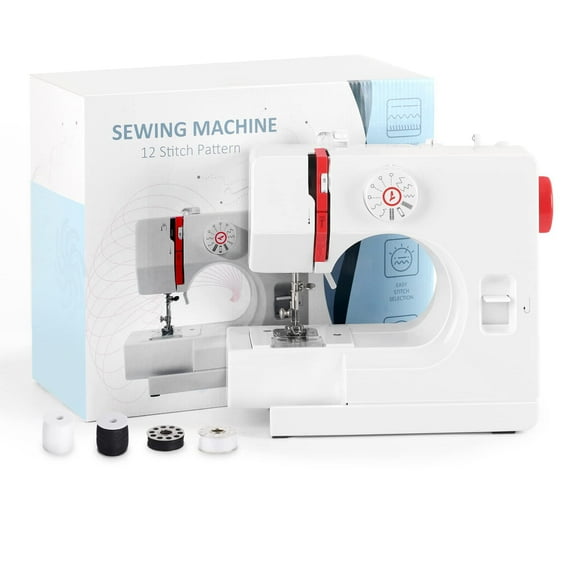 Mini Sewing Machine for Beginners, Electric Portable Small Sewing Machine with 12 Built-In Stitches Reverse Sewing Adjustable Speed LED Light Foot Pedal Heavy Duty Household Mending Stitching Machine