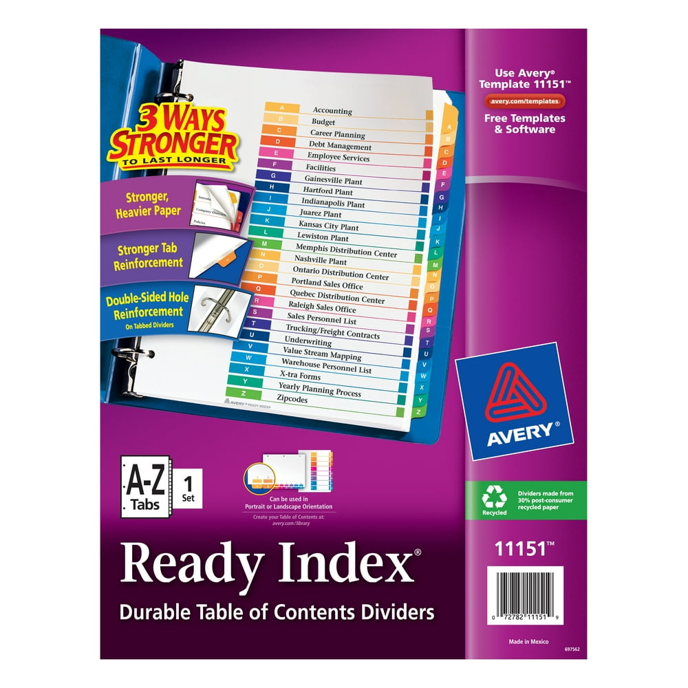 Avery Table of Contents Dividers, Ready Index, 26 Preprinted Tabs AZ