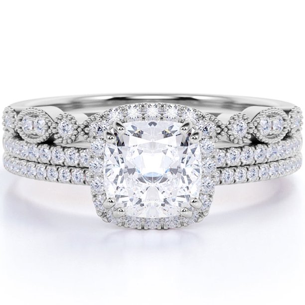 JeenMata Juego de Trío de Anillos de Boda de Moissanita Art Déco de 1,75 Quilates con Anillo de Compromiso y 2 Alianzas de Boda en Oro de 18 K sobre Plata