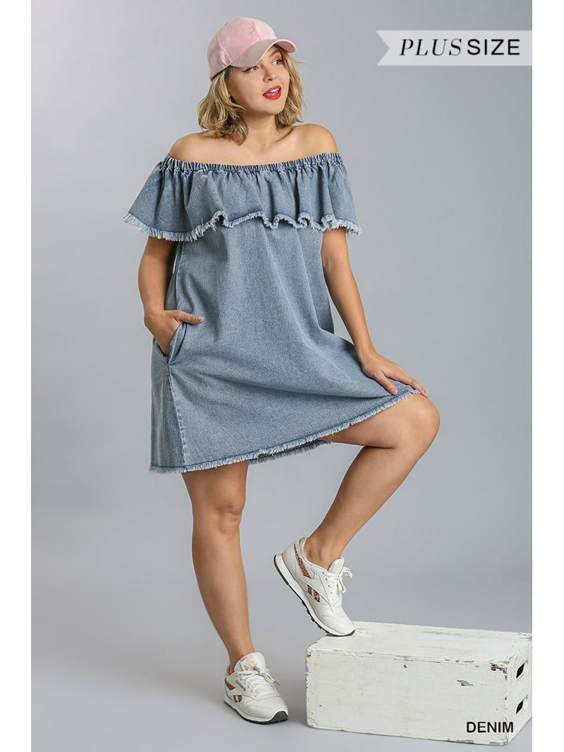 Off Shoulder Ruffled Denim Dress With Frayed Hem & Pockets