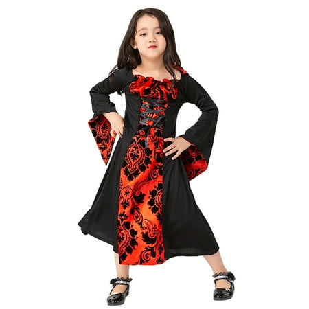 

Medieval Performance For Girls Kids Long Sleeve Hooded Waist Dress Retro Court Dress