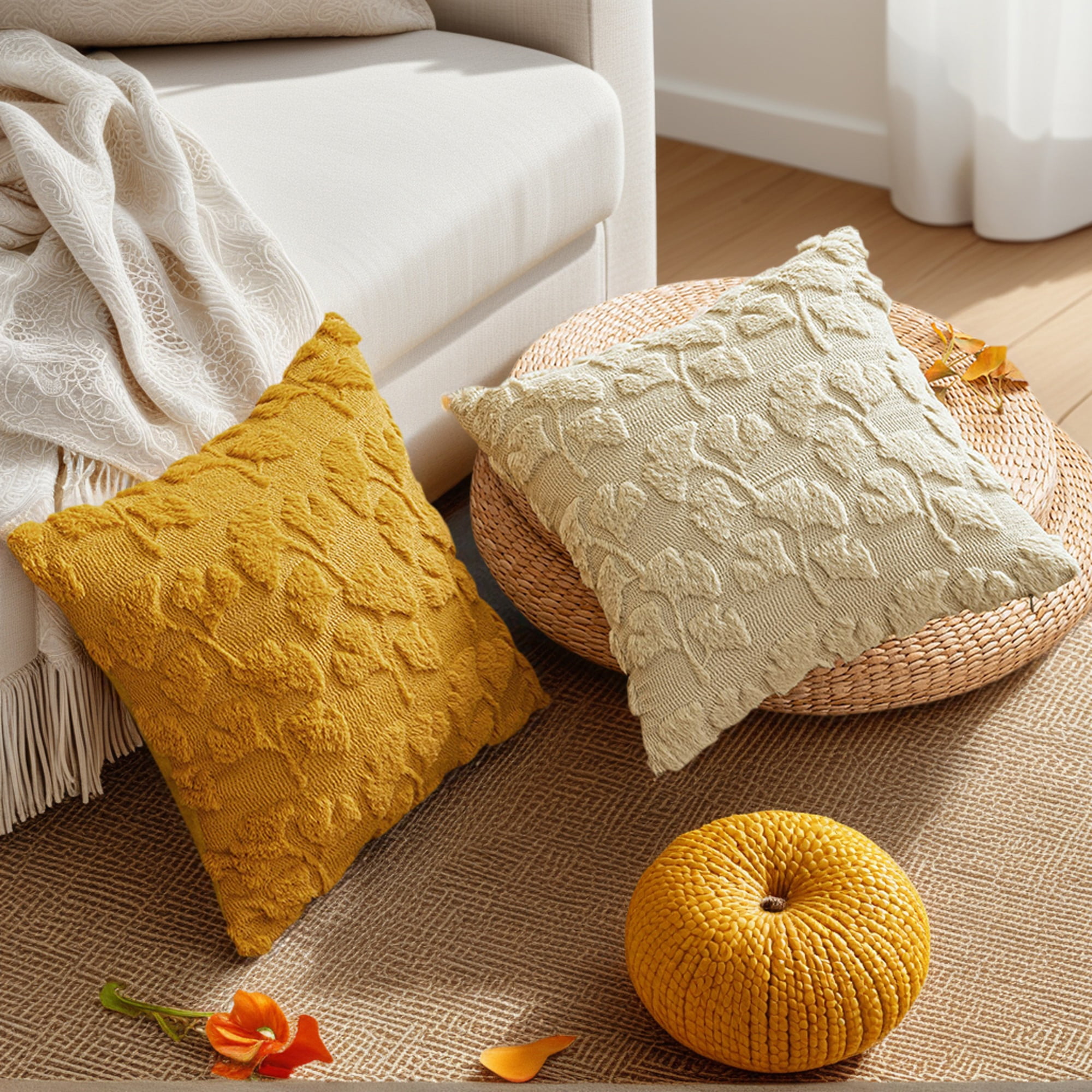 Unique Bargains Plush Ginkgo Leaf Embroidery Throw Pillow Covers Yellow 20" x 20"