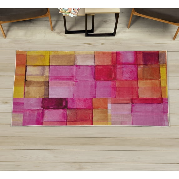 Abstract Decorative Rug, Rainbow Colored Geometric Square Shaped Blurry Effects Watercolor Design, Quality Carpet for Bedroom Dorm and Living Room, 6 Sizes, Coral Pink, by Ambesonne