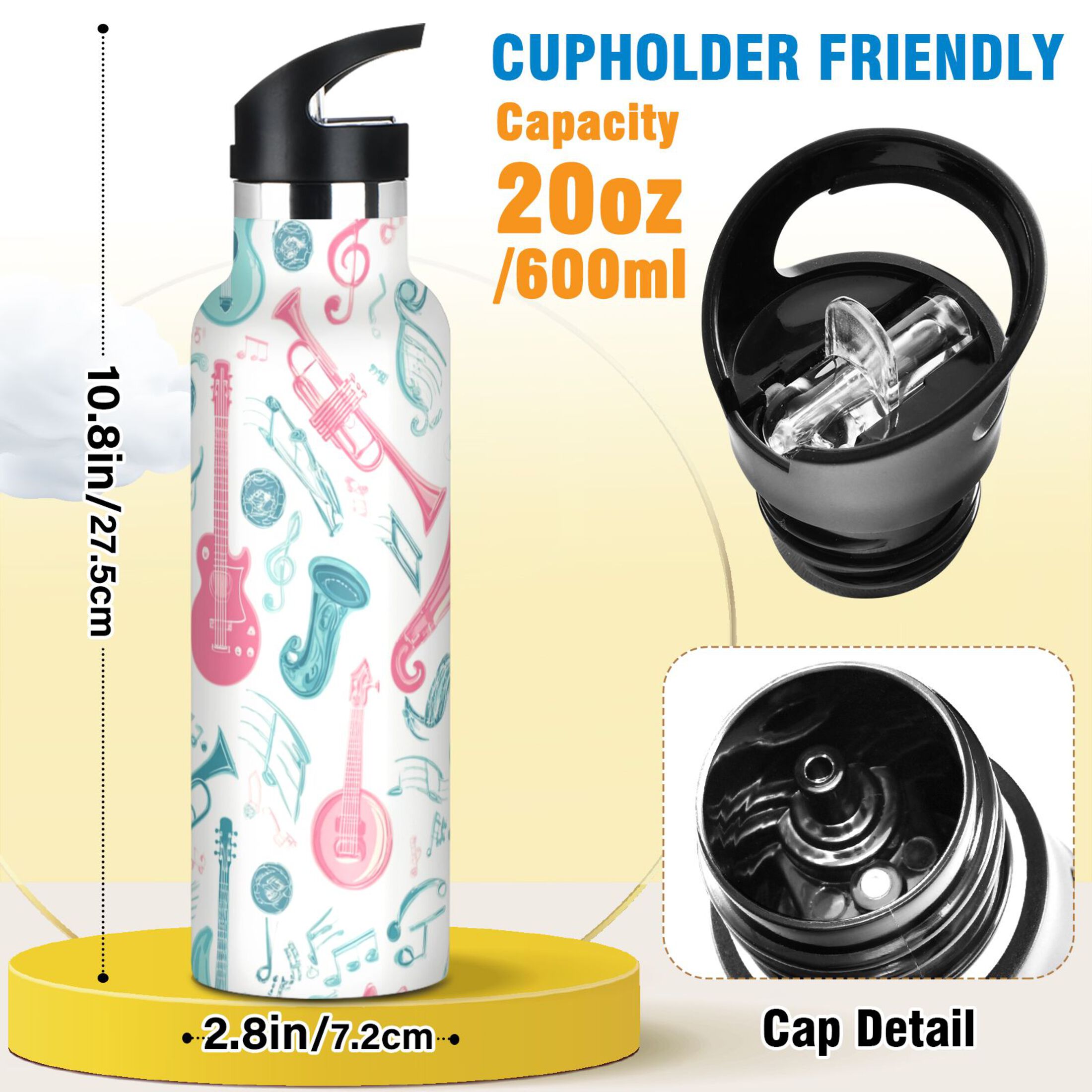 Kids Insulated Stainless Steel Sports Water Bottle 600ml (20oz) Musical Notes and Instruments
