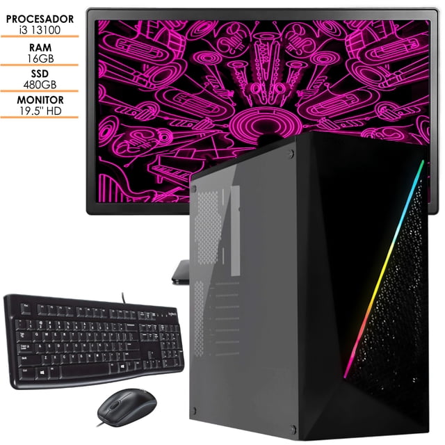 pc última generación intel i3 13100 super tienda ram 16gb ssd 480gb monitor 19.5” hd wifi Torre de escritorio negra ensamblada con panel lateral transparente y franja RGB frontal, monitor 19.5" HD con fondo morado, teclado y ratón cableados; etiqueta visible con i3 13100, 16GB RAM y 480GB SSD; apta para oficina y escuela.