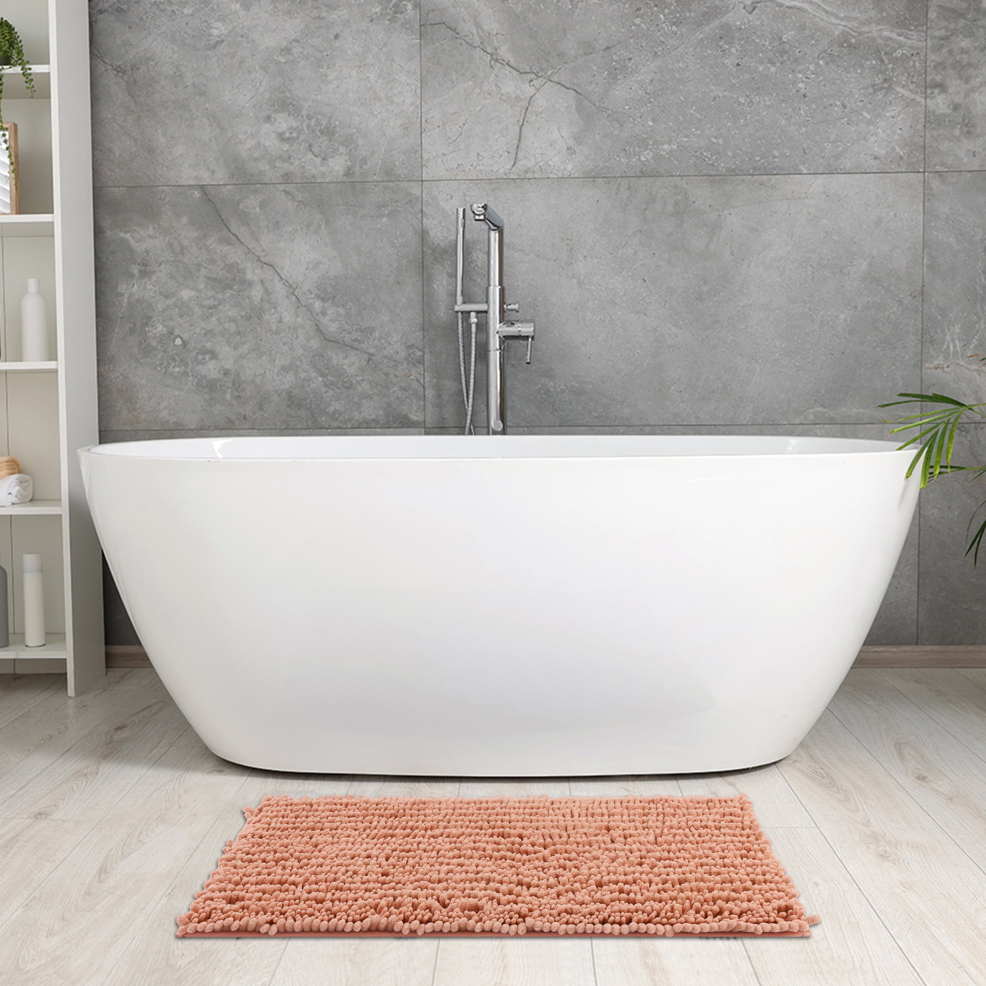 Unique Bargains Chenille Bathroom Rugs Non-Slip Bath Rugs Plain Washable Soft Shower Mat Pink 16" x 24"