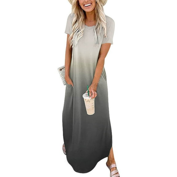 Maxi Dresses Sevevn Women's Maxi Dresses Summer Casual Rounk Neck Short Sleeve Slit Vacation Beach Long Dress