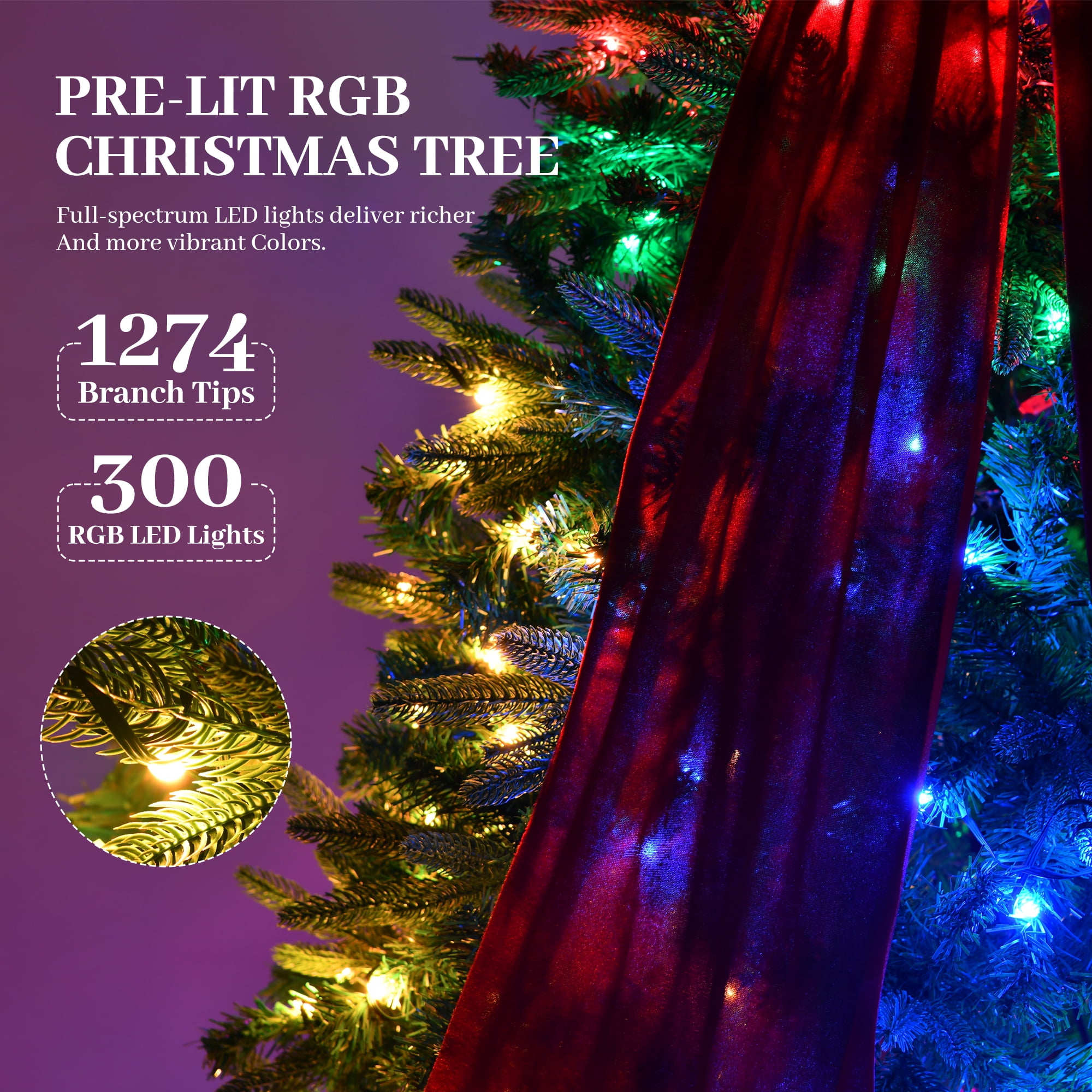 6 ft Prelit Christmas Tree with 700 LED Lights, App Control, Multi-Color RGBW Lights, Green