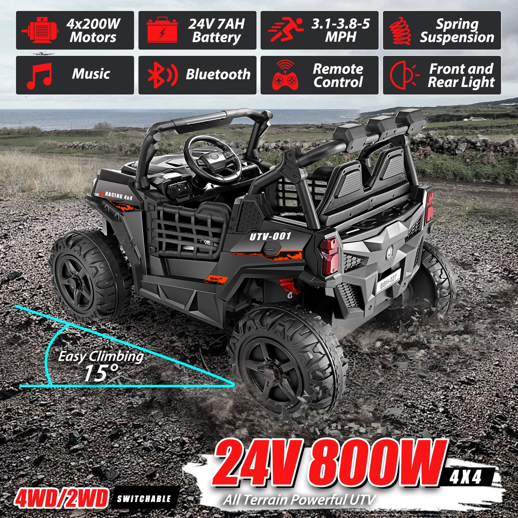 Funcid 24 Volt 2-Seater Ride on Toys, Ride on Cars with Remote Control, Metal Frame, 2 XL Electric Car for Kids, Power Car Wheels, UTV w/ Bluetooth, Music, 3 Speeds, Spring Suspension, Black
