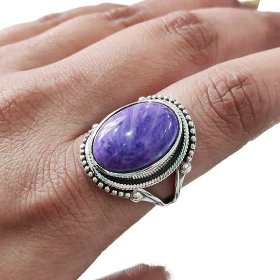 Natural Charoite Ring, Purple Charoite Ring, Natural Birthstone, Bohemian Band, 925 Sterling Silver, Womens Ring, Christmas, Thanksgiving, Handmade, Statement Jewelry, Natural Gemstone Ring