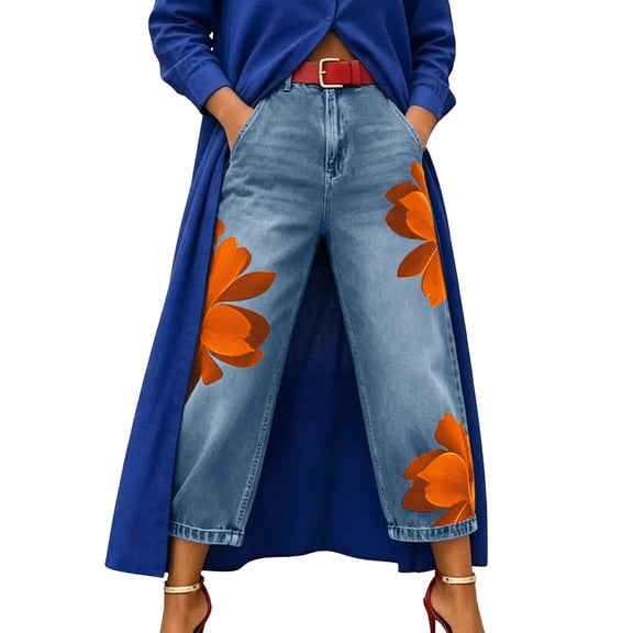 Hueook Graphic Flower Jeans for Women Fall Print Casual Trousers Button Pants Jeans 2X