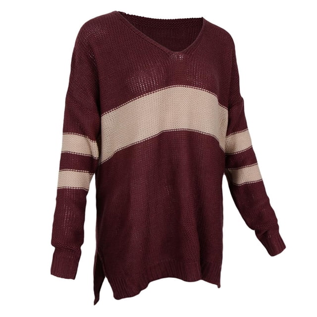 Suéter A Rayas De Las Mujeres Con Cuello En V Manga Larga Loose Pullover Outwear Top XL rojo Macarena Suéter a rayas de mujer