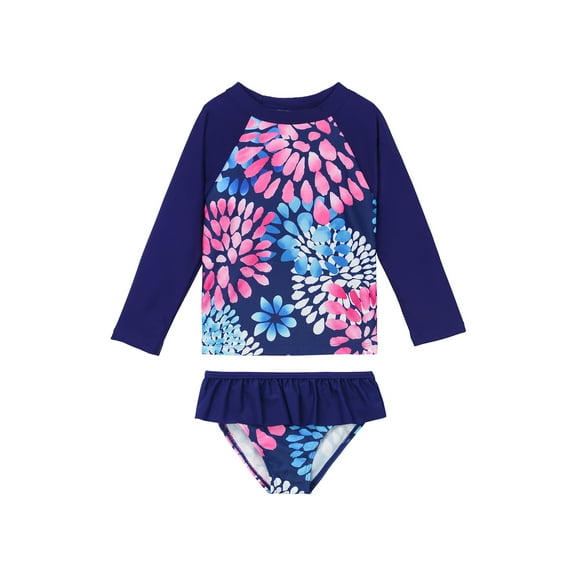 Zando Toddler Girl Rash Guard Sets Swimsuit Long Sleeve Top and Elastic Bottom with Ruffle Bathing Suits Baby Girl UPF 50 Sun Protection Swimwear Daisy Navy 4-5T