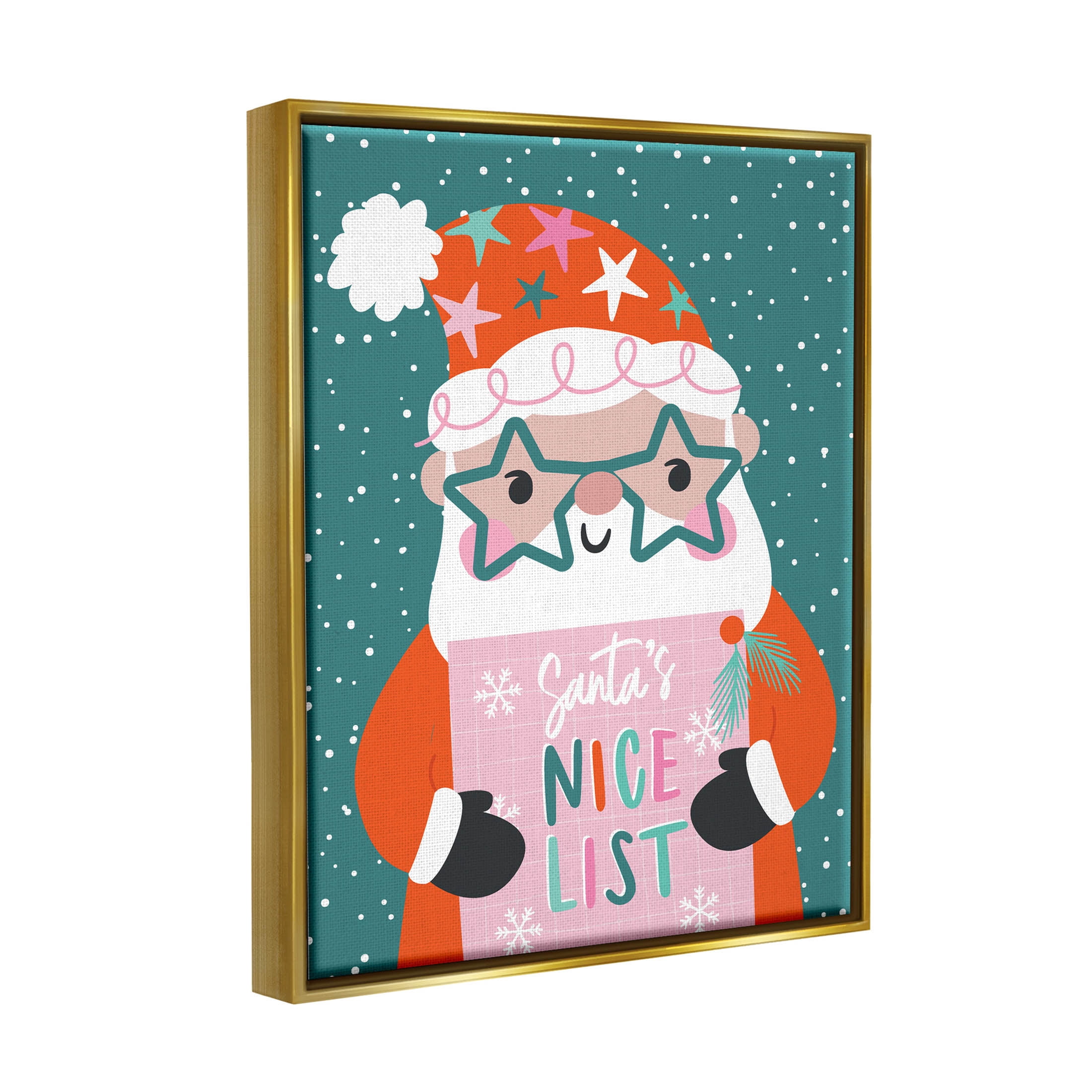 Santa's Nice List Falling Snow Holiday Graphic Art Metallic Gold Framed Art Print Wall Art