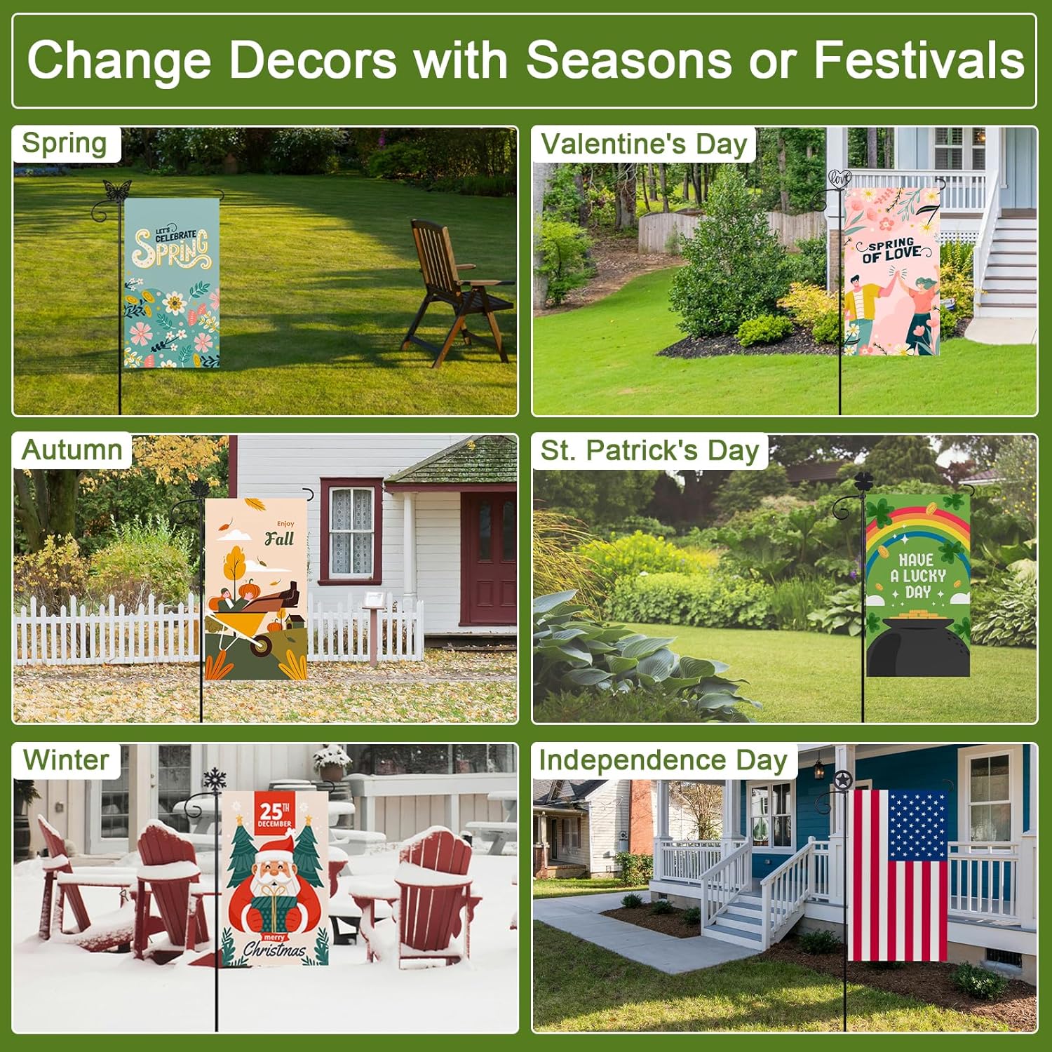 Heavy-Duty Iron Garden Flag Holder Stand with Weather-Resistant Paint | Includes 6 Interchangeable Decorations Suitable for Different Seasons | Outdoor for Patio, Yard, Lawn