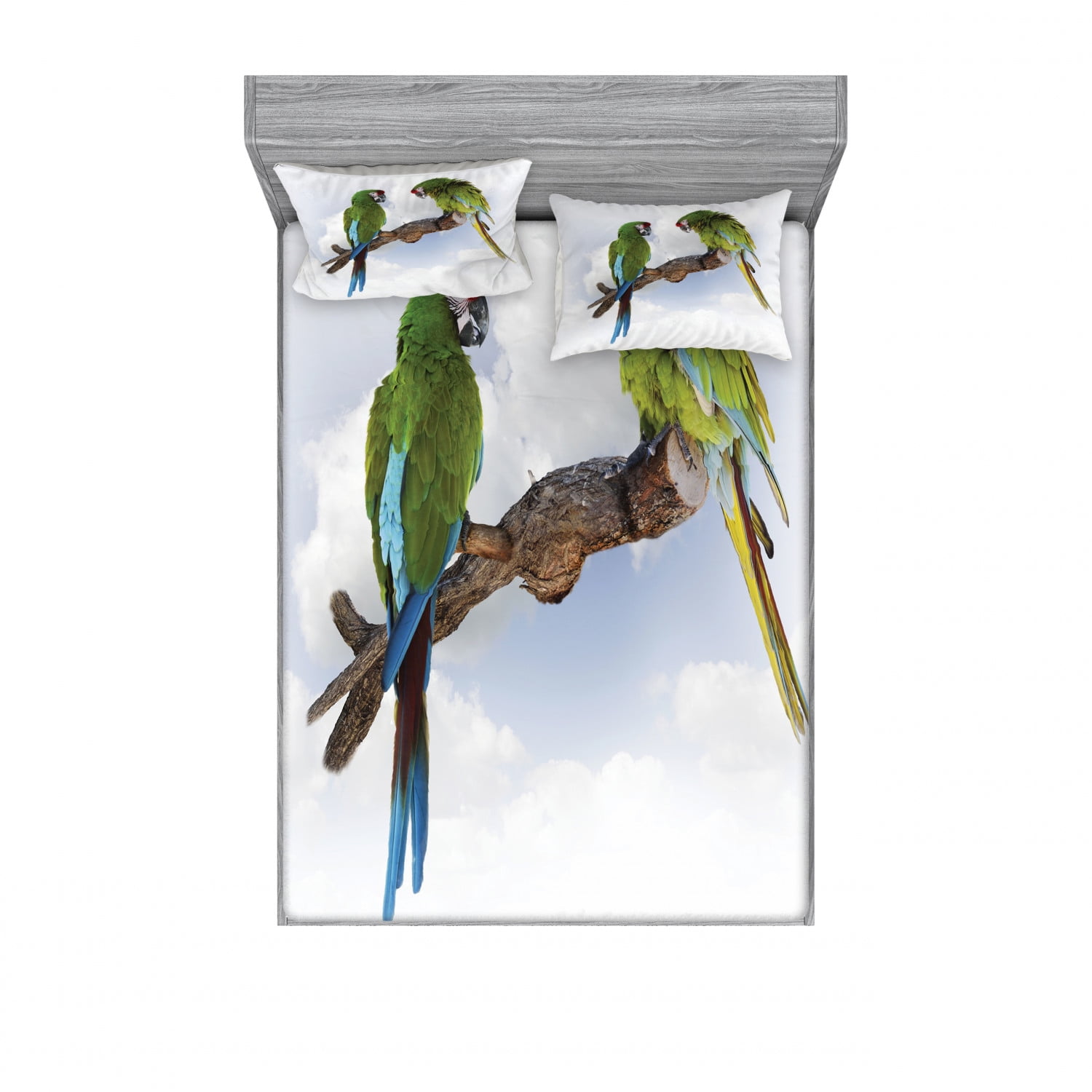 Parrot Bedding Set with Sheet & Covers, 2 Parrot Macaw on a Branch