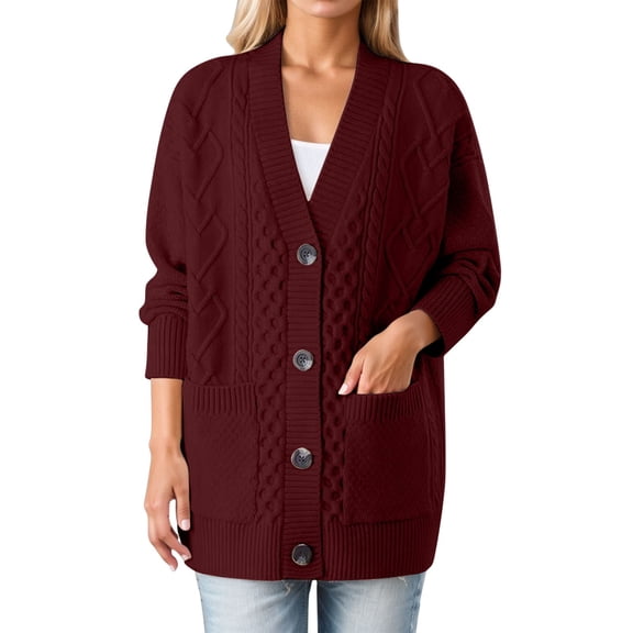 Women's Open Front Cardigan Sweaters Fall Fashion Button down Cable Knit Chunky Winter Clothing Outerwear Coats (XL, Red)