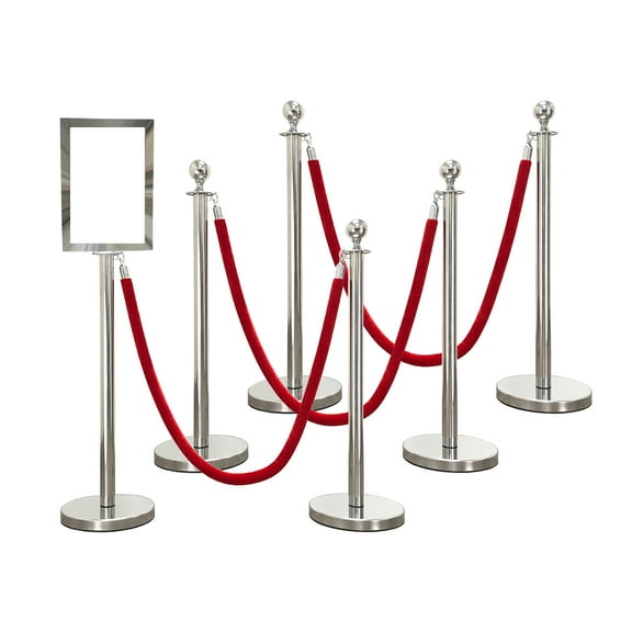 VIP Crowd Control, 6 Mirror Crown Rope Stanchions   4 Red Velour Ropes   1 Portrait Sign Frame