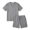 thumbnail image 4 of BLTIBY Mens Summer Linen 2 Piece Outfits V Neck Short Sleeve T-Shirts and Drawstring Shorts Casual Loose Beach Loungewear with Pockets Dark Gray L, 4 of 9