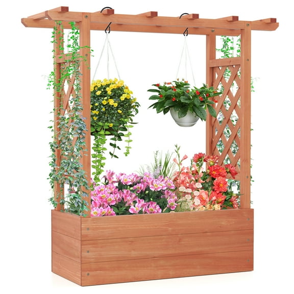 Gymax Raised Garden Bed Wooden Elevated Planter w/Side Trellis & Hanging Roof