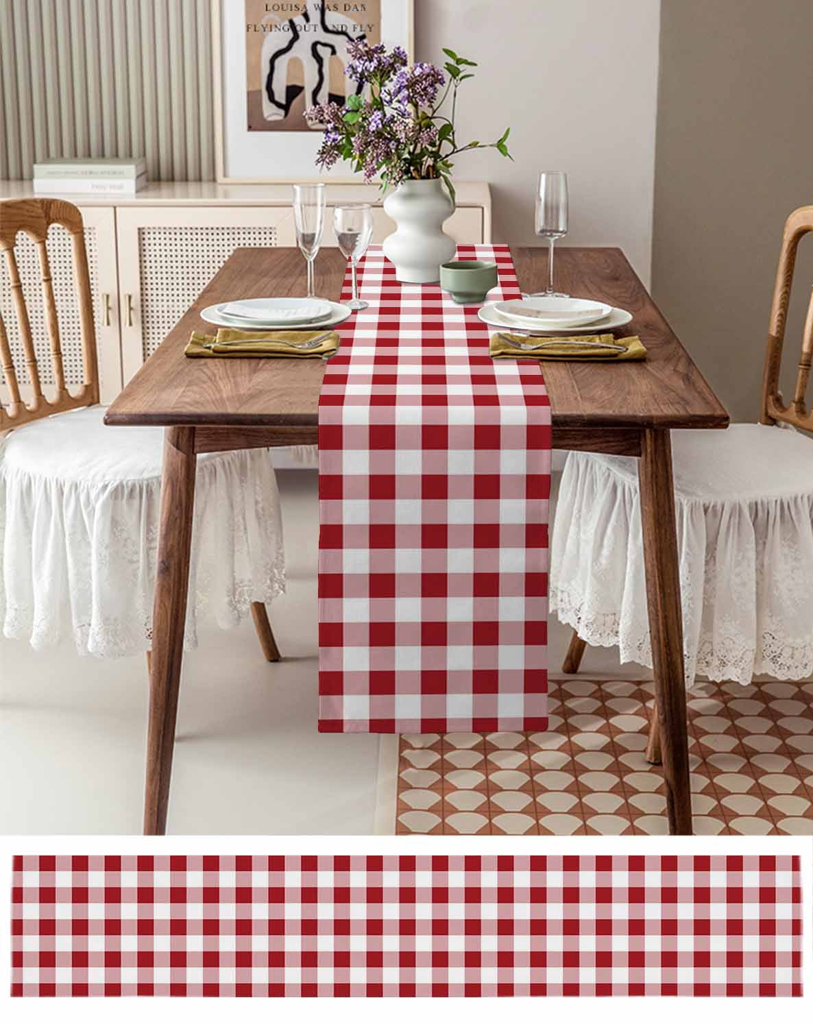 Farmhouse Red Plaid Table Runner Rustic Red White Checkered Tablerunners 13 x 90 Inch, Table Decorations Tabletop Scarf for Summer Gathering Holiday Farmhouse Kitchen Dining Decor