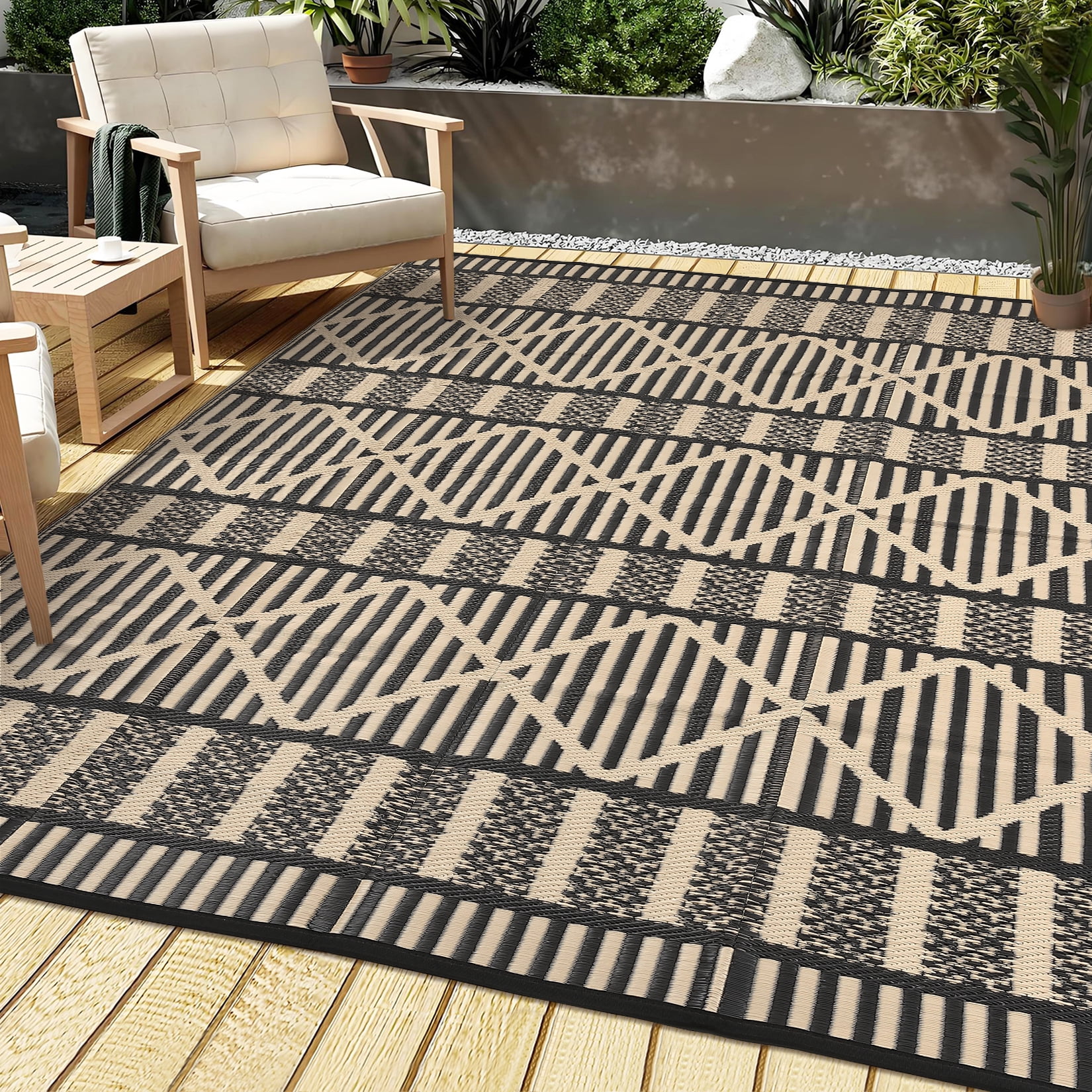 Garvee 9'x18' Outdoor Rug Waterproof Outdoor Patio Rug Mat, Reverisble Plastic Straw Outdoor Rug for RV Camping Picnic Beach Balcony, Black and Coffee