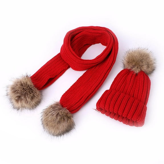 NAISIBABY Boys Girls Beanie Hat Scarf Set, Solid Color Cute Knit Thickening Kids Winter Outdoor Keep Warm 2 Pieces Set Red Free Size
