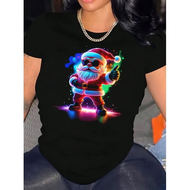 Women's Festive Santa Claus Graphic T-Shirt - Vibrant Christmas Design, Casual Round Neck Short Sleeve, Comfortable Polyester Blend, Perfect for Holiday Celebrations, Christmas Garland