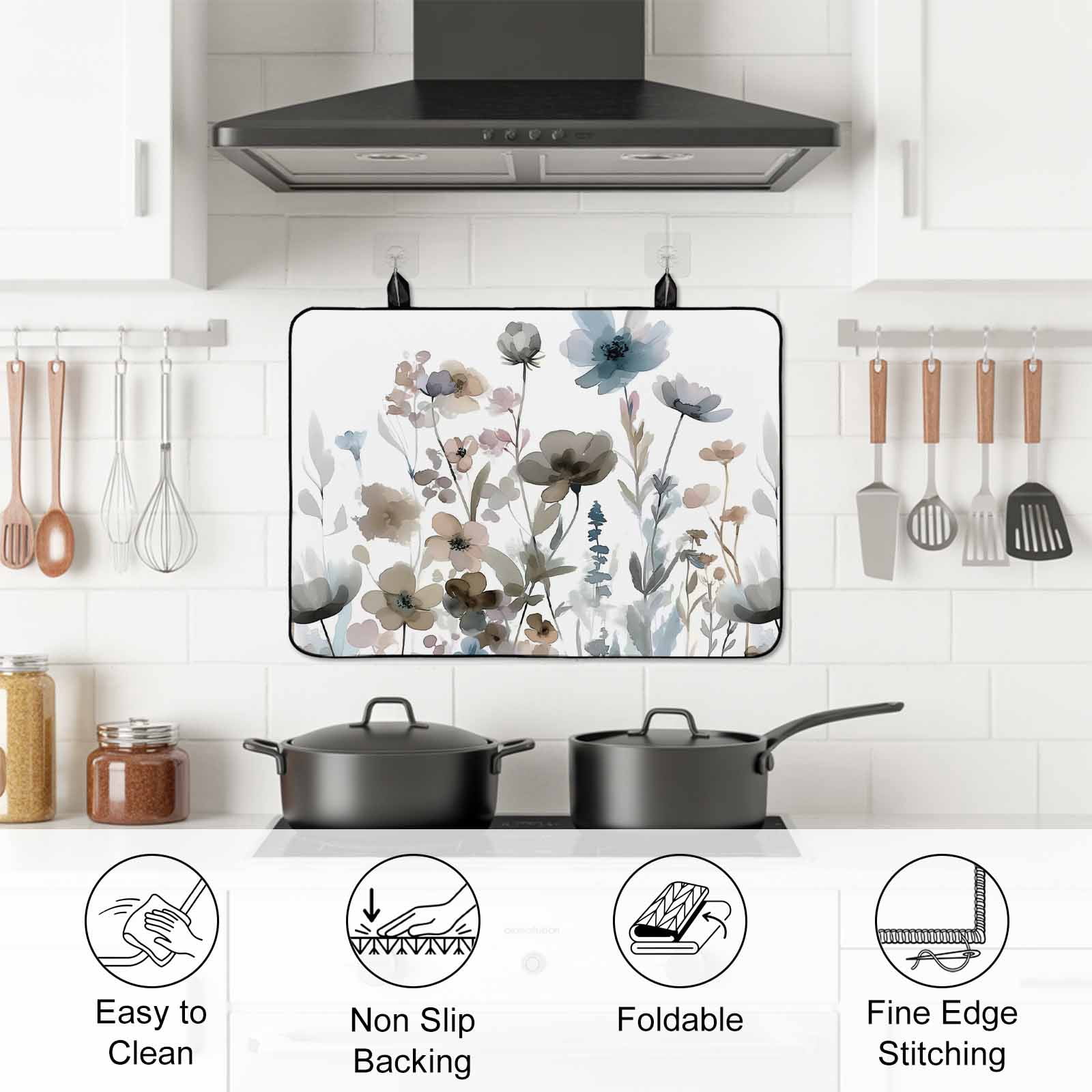 Blue Grey Pink Spring Floral Stove Top Cover for Electric Stove, Heat-proof & Non Slip Glass Top Stove Cover Protector, Watercolor Botanical Kitchen Flat Cooktop Rubber Mat 24x21 Inches