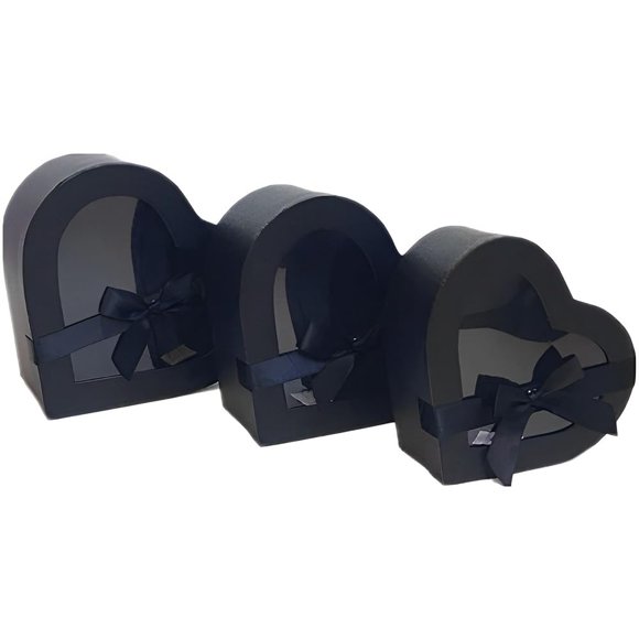 BBJ WRAPS Heart Shaped Boxes for Flowers Packaging with Transparent Window Lids Luxury Gift Box for Floral Arrangement, Set of 3(S/M/L) (Black)